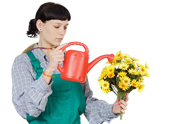 Приваблива щаслива жінка одягнена садівник — стокове фото