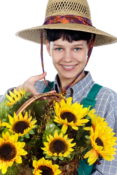 Mulher vestido jardineiro — Fotografia de Stock