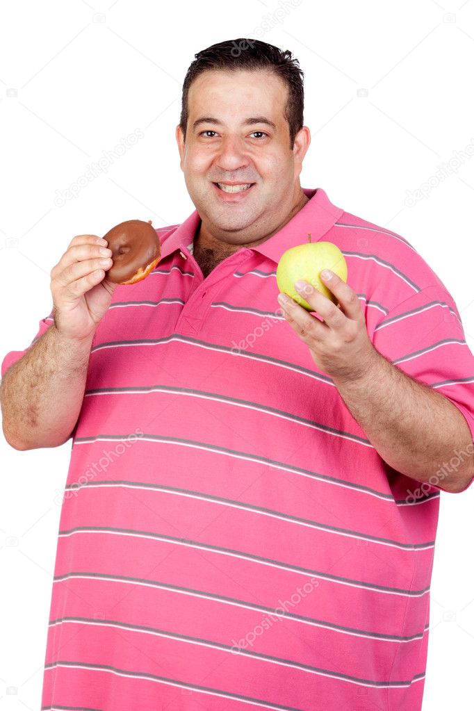 Hombre Gordo Con Camisa Rosa Un Donut De Chocolate Una Manzana Y 