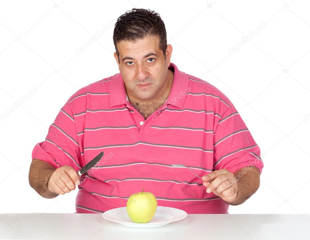 Fat man eating a apple