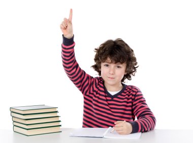 Boy studying a over white background