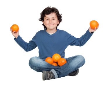 Funny child with many oranges clipart