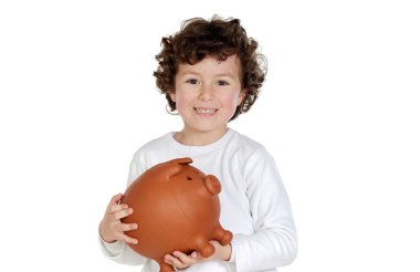 Adorable child with its savings in its money box of piggy clipart