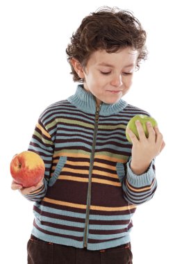 Child with eating two apples clipart