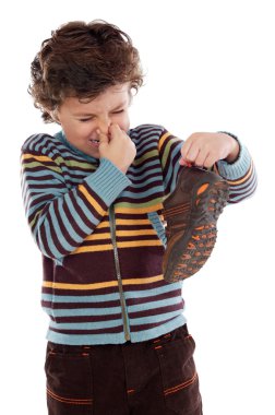 Boy with stinky shoe clipart