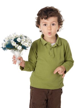 Adorable boy with flowers and making trivialities clipart