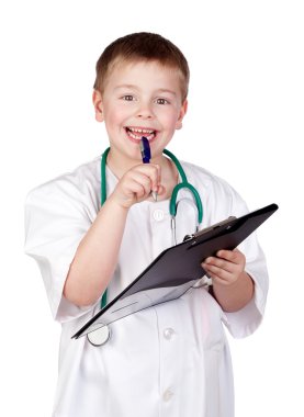 Pensive child with doctor uniform clipart