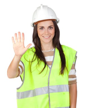 Attractive worker with reflector vest saying Stop clipart