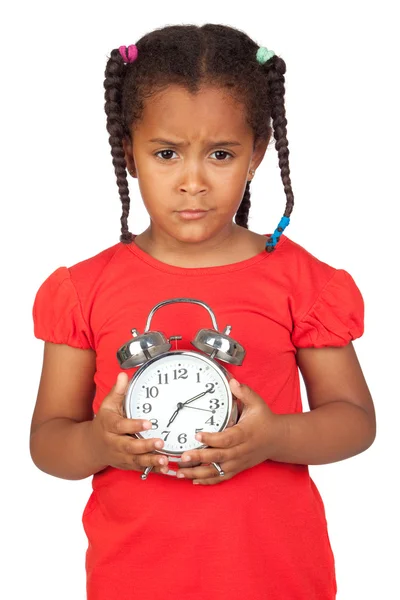 Sad little girl with a silvered clock — Stock Photo, Image