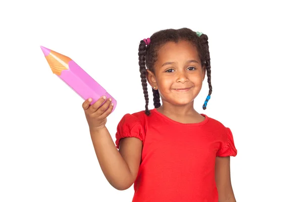 African little girl with a big pink pencil — Stock Photo, Image