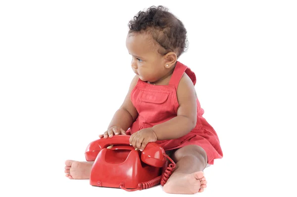 빨간 전화를 가진 아기 — 스톡 사진