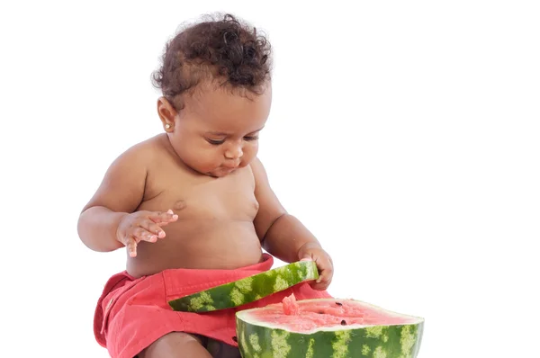 Bébé mangeant pastèque — Photo