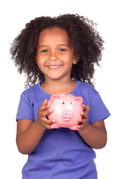 Adorável menina africana com porquinho-banco — Fotografia de Stock