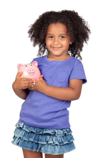 Adorable african little girl with piggy-bank — Stock Photo, Image