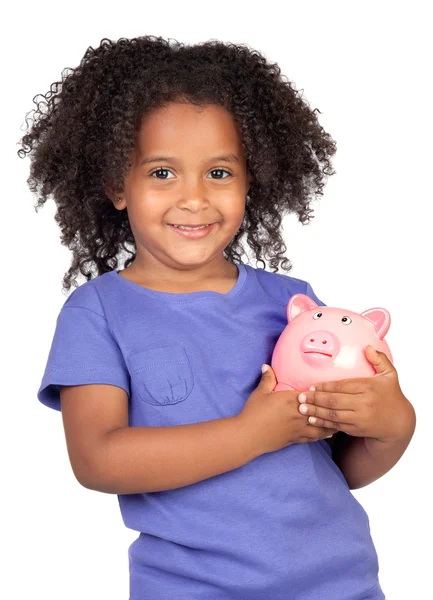 Adorable african little girl with piggy-bank — Stock Photo, Image