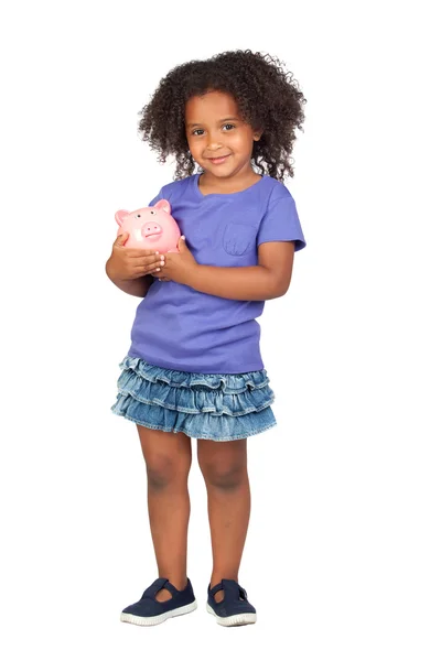 Adorável menina africana com porquinho-banco — Fotografia de Stock