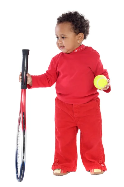小女孩用球拍和网球球 — 图库照片