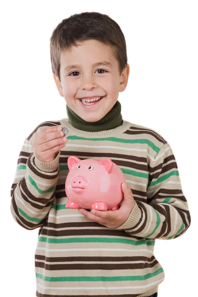 Roztomilé dítě s Pokladnička úspory — Stock fotografie
