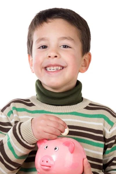 Adorable niño con ahorros de caja de dinero — Foto de Stock