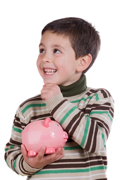 Niño adorable pensando qué comprar con sus ahorros — Foto de Stock