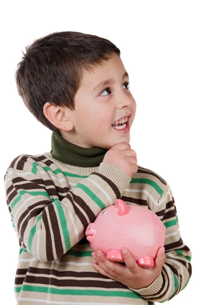 Criança adorável pensando o que comprar com suas economias — Fotografia de Stock