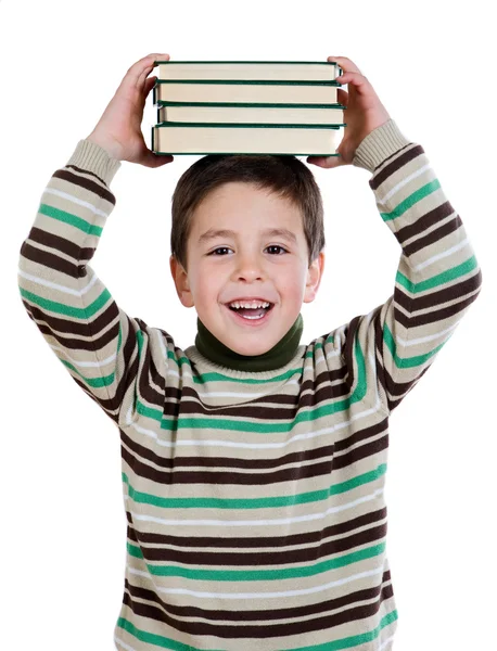 Niño adorable con muchos libros en la cabeza —  Fotos de Stock