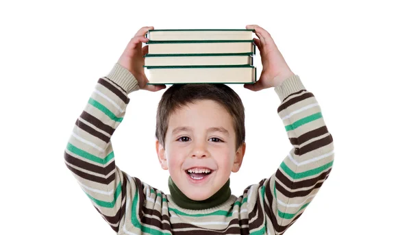 Criança adorável com muitos livros na cabeça — Fotografia de Stock