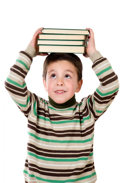 Niño adorable con muchos libros en la cabeza —  Fotos de Stock