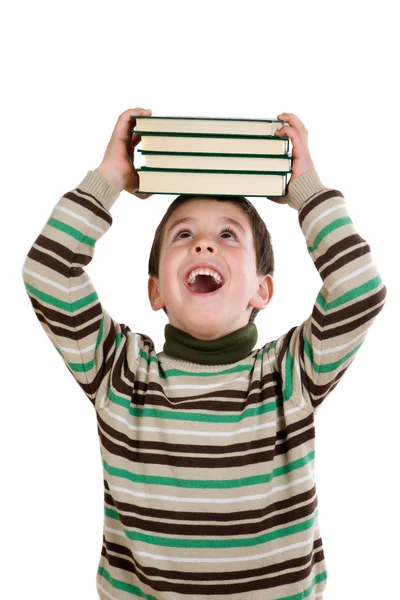 Очаровательный ребенок с большим количеством книг на голове — стоковое фото