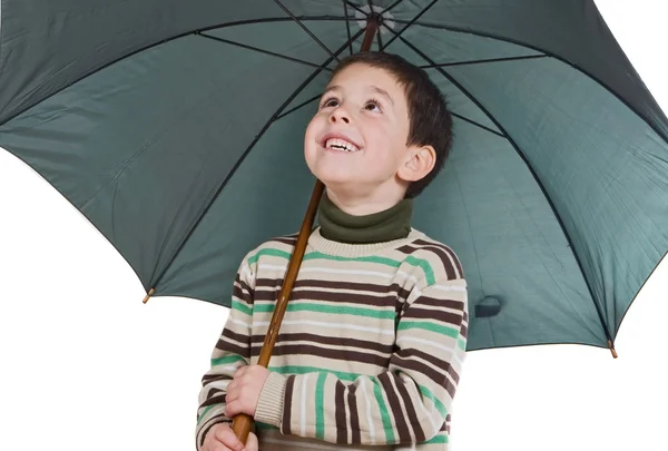 Чарівний хлопчик з відкритими парасольками — стокове фото