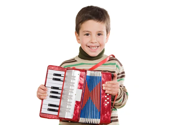 Criança adorável jogando acordeão vermelho — Fotografia de Stock