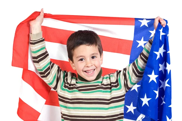 Rozkošný chlapec s americkou vlajkou — Stock fotografie