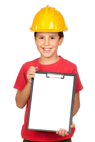 Niño divertido con un casco amarillo —  Fotos de Stock