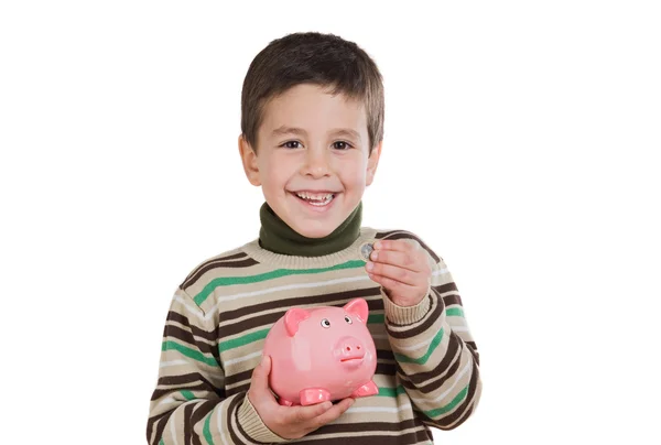 Criança adorável com economia de caixa de dinheiro — Fotografia de Stock