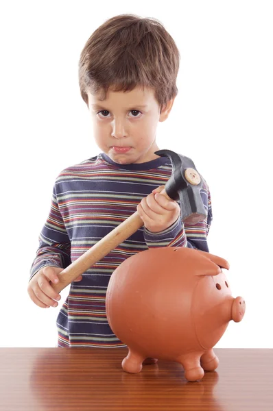 Boy breaking the money box — Stock Photo, Image