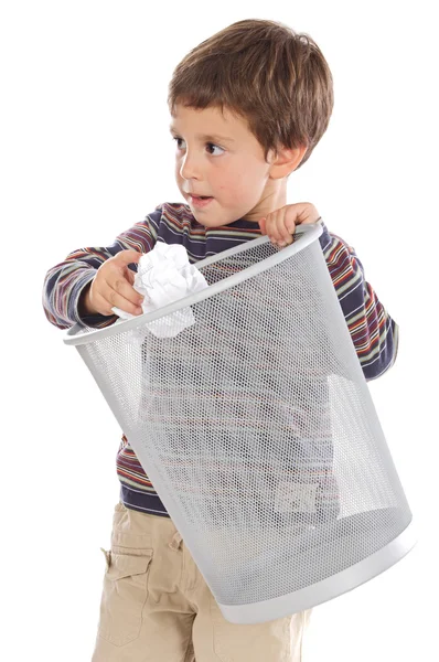 Boy with wastebasket — Stock Photo, Image