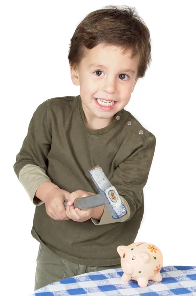 Bedårande pojke bryta rutan pengar — Stockfoto