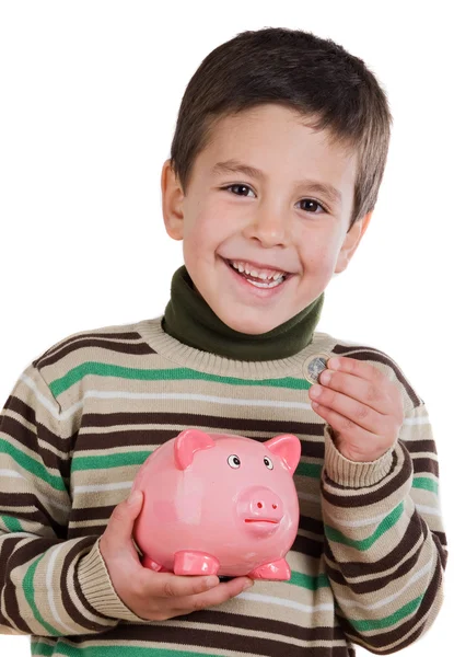 Criança adorável com economia de caixa de dinheiro — Fotografia de Stock