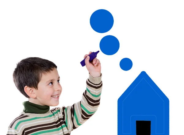 Rozkošný chlapec kreslení modrého domu — Stock fotografie