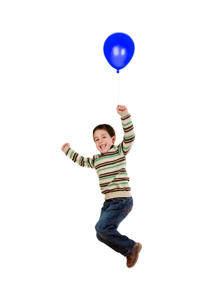 Niño volando con globo azul inflado —  Fotos de Stock