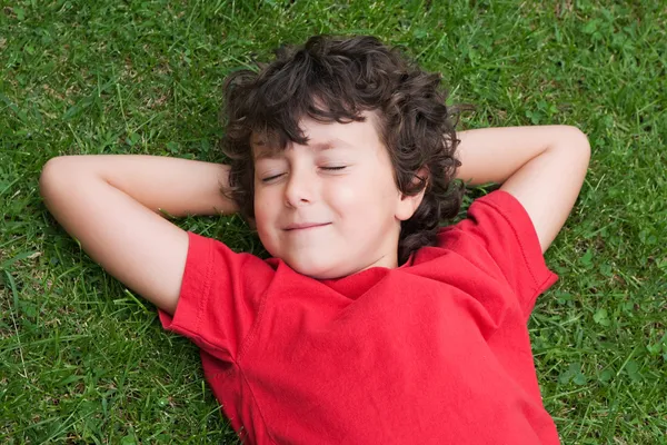 Criança feliz dormindo na grama — Fotografia de Stock