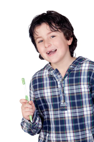 Usmívající se dítě bez zubní kartáček — Stock fotografie