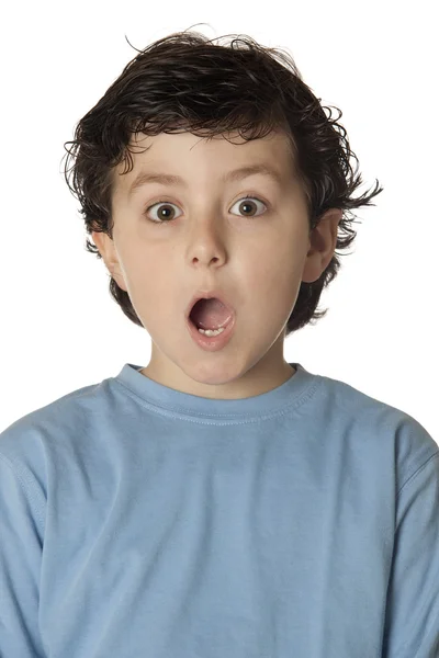 Criança surpresa com camisa azul — Fotografia de Stock