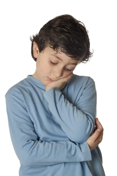 Criança triste com camisa azul — Fotografia de Stock
