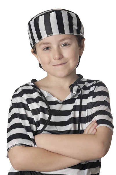 Criança sorridente com traje de prisioneiro — Fotografia de Stock