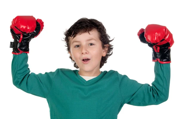 Winner boy with boxing gloves — Stock Photo, Image