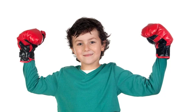 Rapaz vencedor com luvas de boxe — Fotografia de Stock