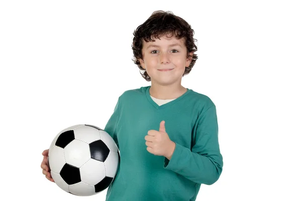 Adorable saying OK with a soccer ball — Stock Photo, Image