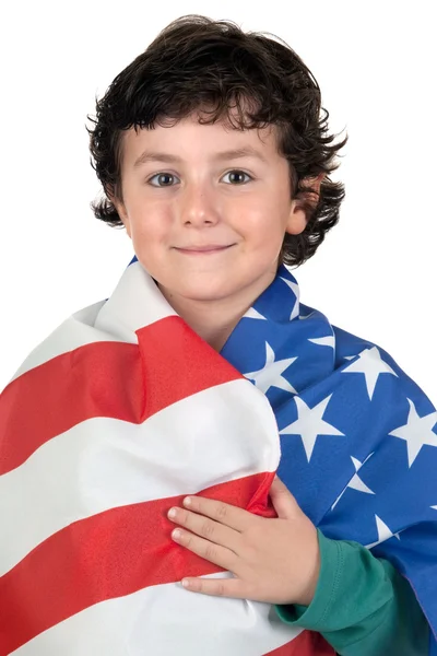 Rozkošný chlapec s americkou vlajkou — Stock fotografie