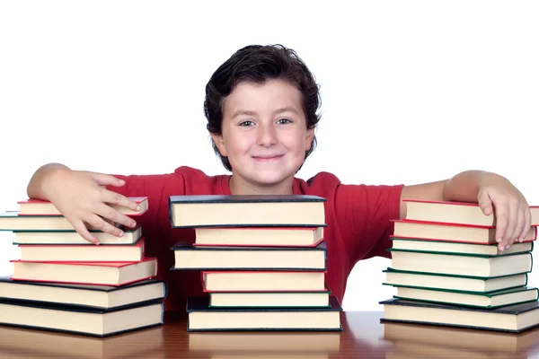 Student kind met vele boeken — Stockfoto